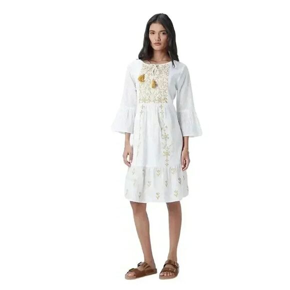 LOV Women's Off-White Cotton & Gold Floral-Embroidered Dress - Picture 2 of 15